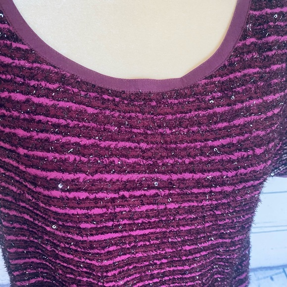 Women’s Large Blouse Ann Taylor Loft Short Sleeves Sequins Fringe Dark Fuchsia - Picture 3 of 11